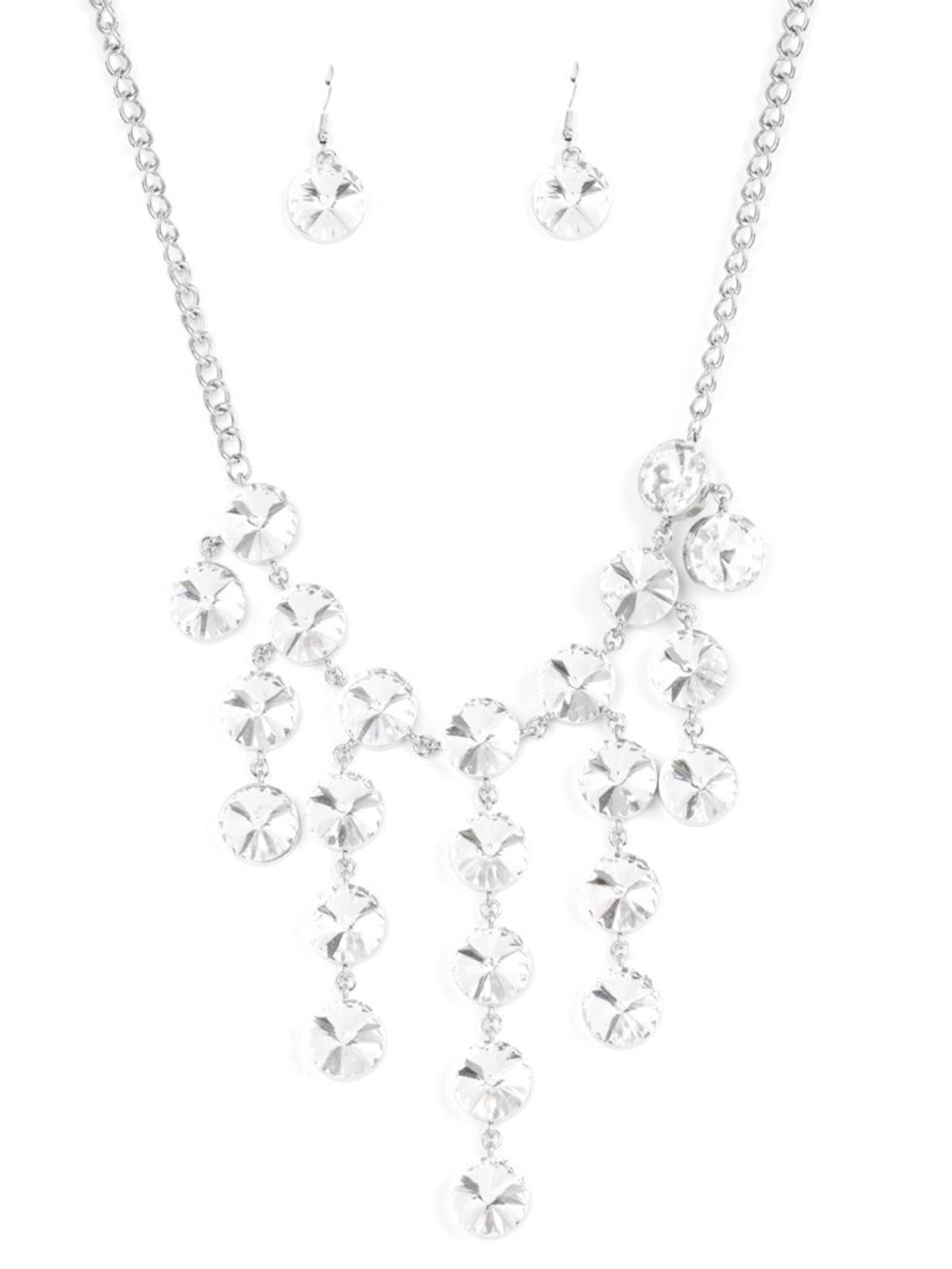 Spotlight Stunner - Elegant Silver Tone Drop Statement Necklace & Earrings Set - Picture 3 of 3